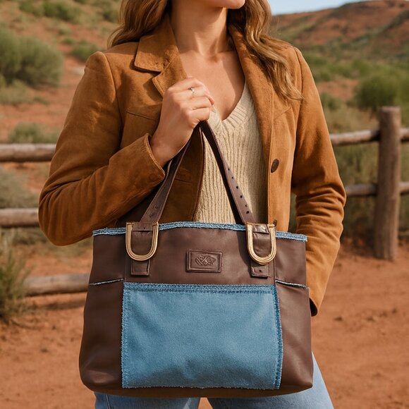 NWOT UGG Grab Bag Brown Leather Teal Suede RARE Hook Clasp Close Western Purse - Picture 1 of 16